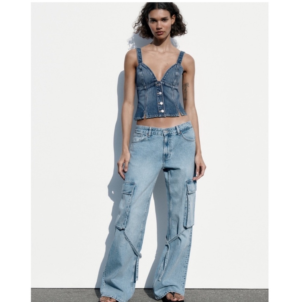 Zara TRF women jeans pants Sz 0 blue belt Loop Cargo street style slouchy baggy